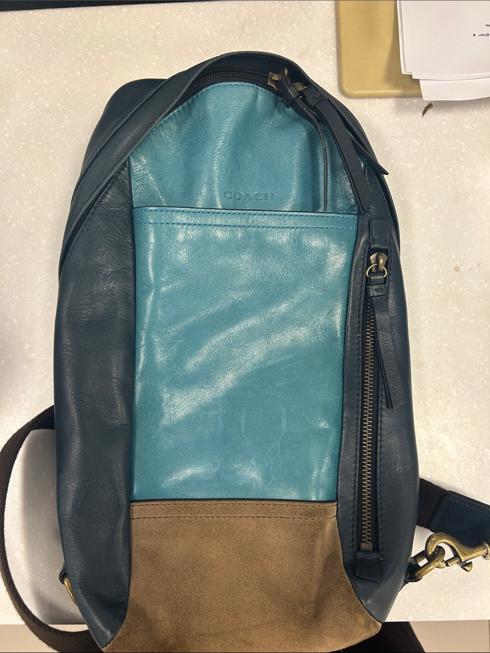 Coach Men's Teal, Navy and Tan Leather Sling Bag